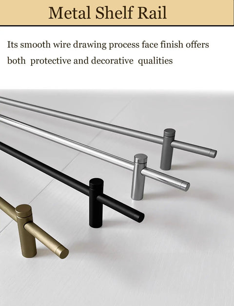 12 Inch brass finish metal shelf guard rail set, multiple colors shown, designed for shoes, racks, and displays with no slip fence.