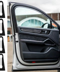 Premium Pack Of Four Durable Rubber Car Door Lock Sound Deadeners For Quiet Slam Free Closing on car door with view of interior.