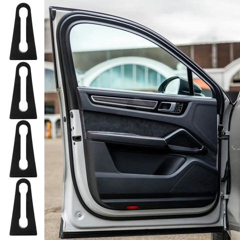 Premium Pack Of Four Durable Rubber Car Door Lock Sound Deadeners For Quiet Slam Free Closing on car door with view of interior.