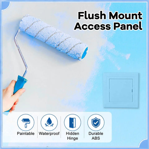 12 Pack White Plastic 4x4 Access Panels for Drywall Ceilings with a Nifty Hidden Hinge Mechanism shown with paint roller.