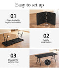 Steps for setting up a Six Foot Folding Table With Carrying Handle That's Built Tough For Indoor And Outdoor Parties, Easy To Fold.