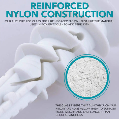 Close-up of reinforced nylon construction in heavy duty drywall anchors and screws kit with fiberglass for 50 pound load
