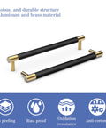 Brushed Satin Gold Brass Finish T Bar Cabinet Handles Set of 10 With Electroplated Matte Black Accents, shown with anti-corrosion properties.
