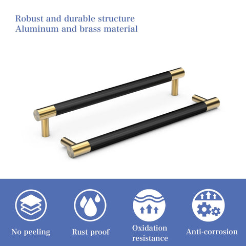 Brushed Satin Gold Brass Finish T Bar Cabinet Handles Set of 10 With Electroplated Matte Black Accents, shown with anti-corrosion properties.