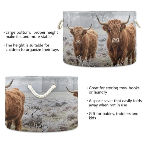 Cow Print Cotton Rope Storage Basket Large Collapsible Grab-And-Go Organizer with Highland cow design, showing canvas and rope.