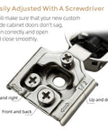 Close-up of the adjustment mechanism on 50 Pack 25 Pairs Half Inch Overlay Soft Close Cabinet Hinges Satin Nickel Stainless Steel.