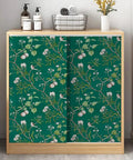 Green Floral Peel And Stick Wallpaper With Vintage Bird Pattern Removable Self Adhesive Wall Covering on a cabinet door
