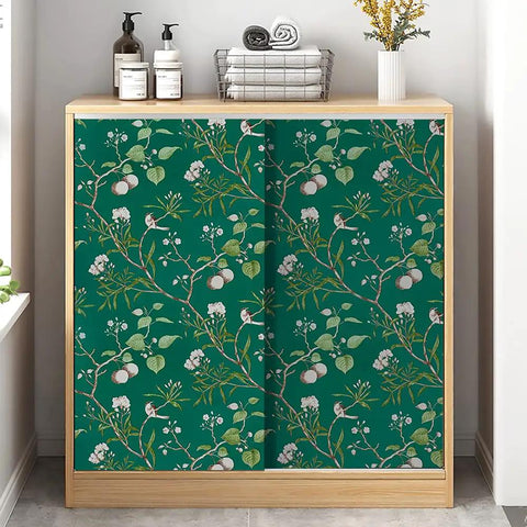 Green Floral Peel And Stick Wallpaper With Vintage Bird Pattern Removable Self Adhesive Wall Covering on a cabinet door
