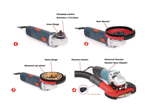 Installation steps for Surface Grinding Dust Shroud For 115mm To 125mm Angle Grinders showing clamping washer, dust shroud, and diamond cup wheel.