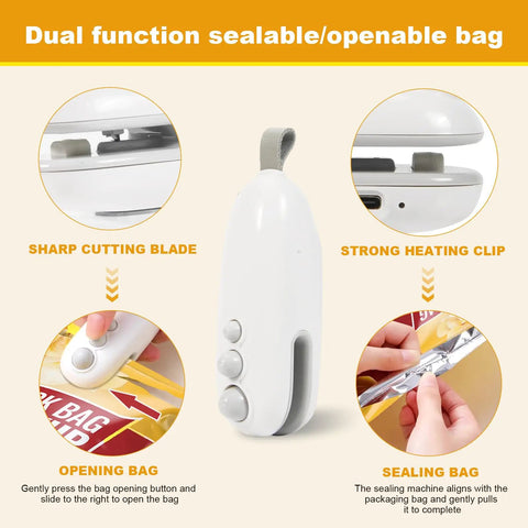 2 In 1 Heat Sealer And Cutter For Snack Bags, Portable Bag Sealer Resealer Machine with sharp cutting blade and heating clip