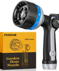 Heavy Duty Garden Hose Nozzle With Beefy Metal Build 10 Spray Patterns Thumb Control And On Off Valve next to packaging box