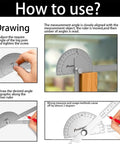 Stainless steel angle protractor with smooth sliding arms demonstrating measurement adjustment for woodworking accuracy.