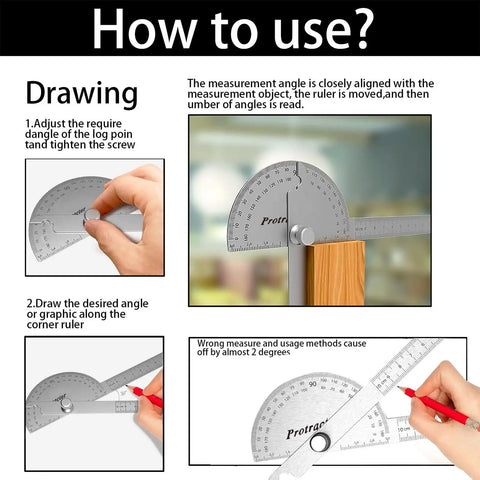 Stainless steel angle protractor with smooth sliding arms demonstrating measurement adjustment for woodworking accuracy.