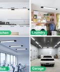 Plug In LED Light Fixture 2Ft Linkable 5000K Under Cabinet Lighting 2500 Lumens 18W Triproof Ceiling Wall Light For Closet Workbench Kitchen Basement Garage Totally Bright in various settings.