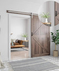 Interior with barn door featuring sturdy 2 pack sliding door handles with plate for kitchen cabinet bathroom closet and barn doors 5 inch center hole front pulls for right or left sided doors exterior and interior.