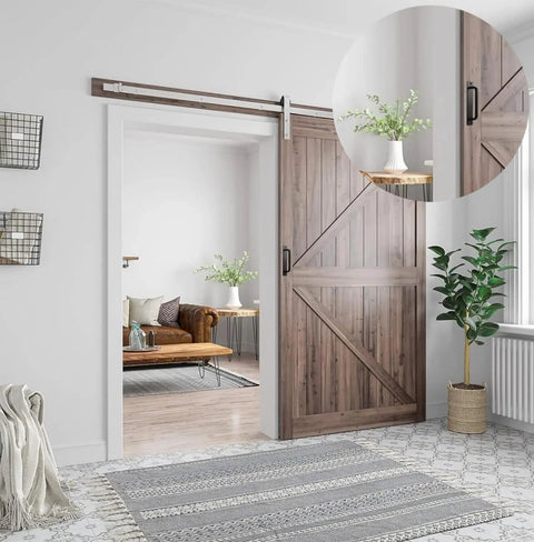 Interior with barn door featuring sturdy 2 pack sliding door handles with plate for kitchen cabinet bathroom closet and barn doors 5 inch center hole front pulls for right or left sided doors exterior and interior.