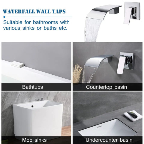 Waterfall Wall Mount Tub Faucet In Brass With Chrome Finish shown over sinks and bathtubs with Half Inch NPT Connection
