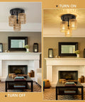 Three Light Boho Rattan Ceiling Fixture With Hand Woven Cage Shade in living room, shown turned off and on, illuminating space.