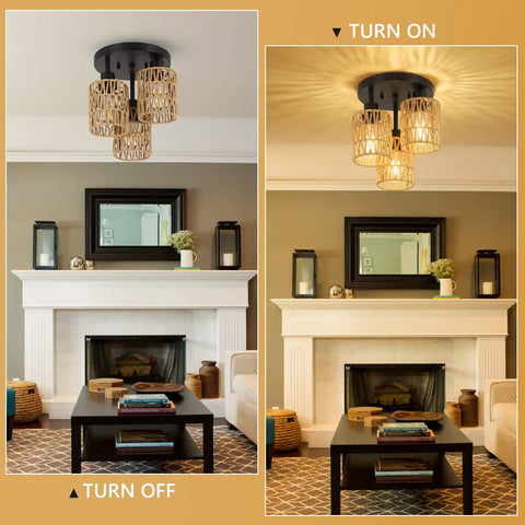 Three Light Boho Rattan Ceiling Fixture With Hand Woven Cage Shade in living room, shown turned off and on, illuminating space.