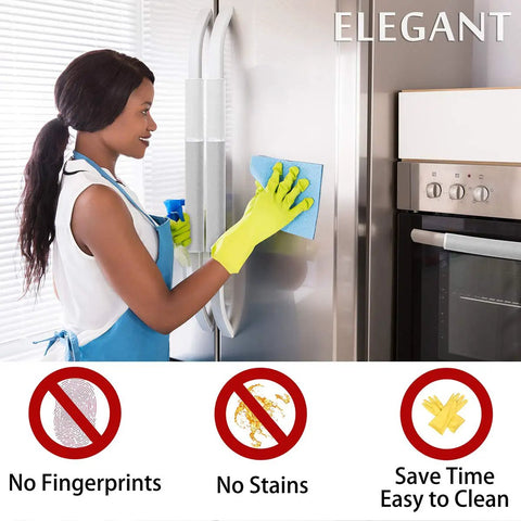 Woman cleaning refrigerator with gray refrigerator door handle covers set of 4 washable and fade resistant keeps handles clean