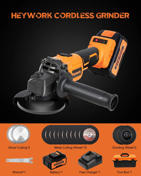 21V Cordless Grinder Kit Featuring 4 Inch Blade 10000 RPM Brushless Motor 4Ah Lithium Battery And Quick Charger Dual Position Handle