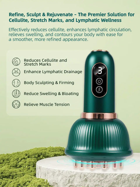 Lymphatic Drainage Massager for legs, arms, belly shown with microcurrent, light, heat, vibration features in green color