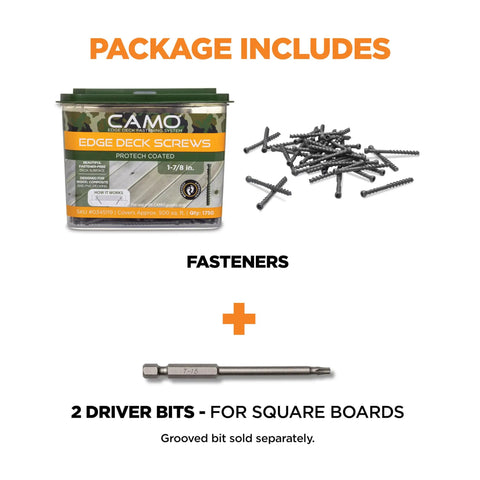 Edge Deck Screws For Hidden Fastening One And Seven Eighths Inch ProTech Coated 1750 Count, packaging with driver bits.