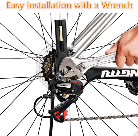 Installing Two Pack Upgraded Bike Flags with poles on rear axle using a wrench for maximum road visibility and safety.