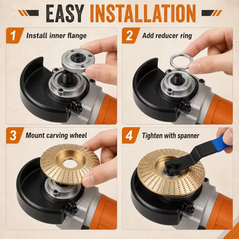 Easy installation steps of 14 Piece Wood Carving Disc Set For Angle Grinder Pro Grade Heavy Duty Complete Woodworking Kit.