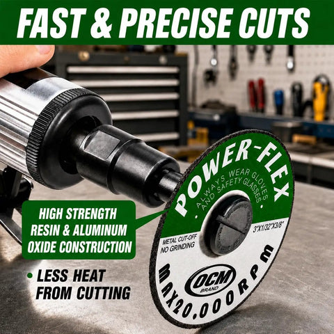 Heavy Duty 20 Pack Of 3 Inch Cut Off Grinding Wheels With Thin 1/32 Inch Profile And 3/8 Inch Arbor on a cutting tool.