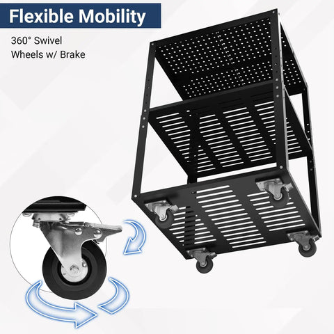 Heavy Duty Planer Stand With 27.6 Inches By 24 Inches Work Surface, Adjustable Height, featuring four casters and storage shelves
