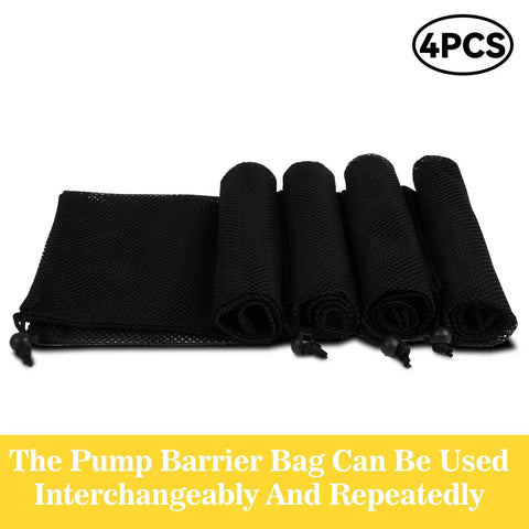 4 Pack 17x17 Inch Pond Pump Barrier Bags Mesh Filter Bags Set For Pond Pumps, rolled and laid out with drawstrings visible.