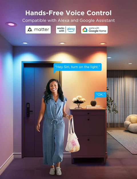 Slick Six Inch Smart Retrofit Recessed Can Lights With Wifi Direct Connect Pushing One Thousand Lumens Fully Dimmable Led Downlights Matching Any Vibe And Hooking Up Smoothly With Voice Controls For Straight Up Clean Setup Six Pack illuminating a modern entryway.