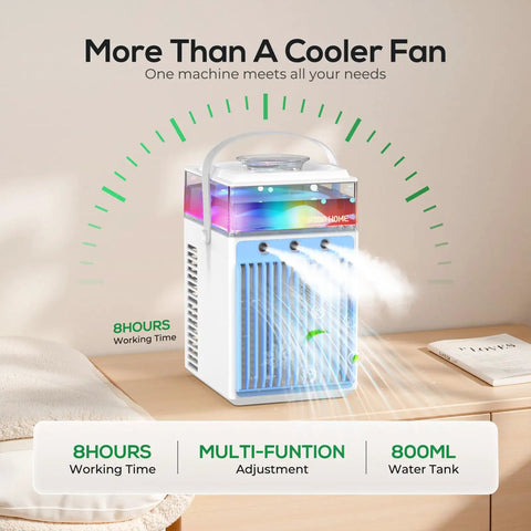 4 In 1 Portable Evaporative Air Cooler With App Control, Rechargeable Mini AC on bedside table, 800ml water tank visible