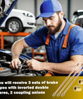 Mechanic installing 3 By 16 Inch Flexible Rear Brake Line Kit, 3 Piece Universal Nickel Copper Brake Lines with parts displayed