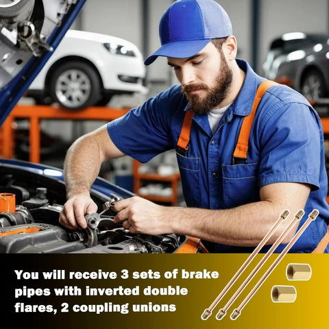Mechanic installing 3 By 16 Inch Flexible Rear Brake Line Kit, 3 Piece Universal Nickel Copper Brake Lines with parts displayed
