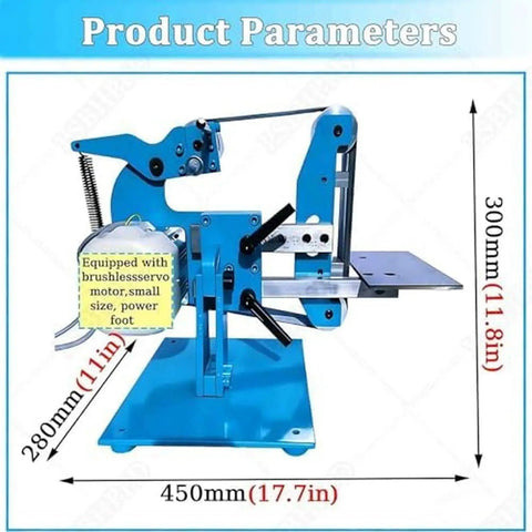 Built Tough Dual Position Bench Belt Sander And Electric Polisher With Smooth Variable Speed Control Up To 5000 RPM And Five Heavy Duty Belts For Quick Sharpening Tasks, blue machine with brushless servo motor and dimensions.