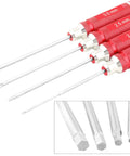 Four Piece Hex Screwdriver Set With 1.5mm 2.0mm 2.5mm And 3.0mm Allen Keys, red handles, steel tips in close-up view for RC repairs.