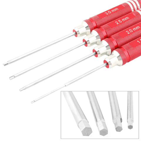 Four Piece Hex Screwdriver Set With 1.5mm 2.0mm 2.5mm And 3.0mm Allen Keys, red handles, steel tips in close-up view for RC repairs.
