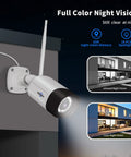 Outdoor mount of 2.5K 5MP WiFi Security Camera System with night vision; IP66 weatherproof housing visible, spotlight on.