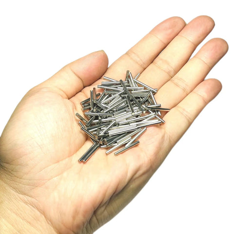 Heavy Duty 304 Stainless Steel Dowel Pins 2Mm X 18Mm Precision Ground Metal Shelf Pegs 110 Pack held in hand.