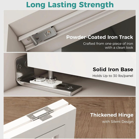 Beat Those Wobbly Closet Bifold Doors With This Complete 36 Inch Track And 3 Ft Bi Folding Door Hardware Kit featuring details of powder-coated iron track, solid iron base, and thickened hinge.