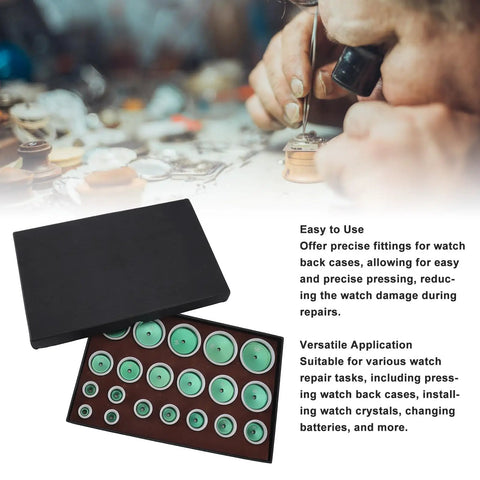 Watch Press Die Set 20 Pcs Kit with 20 to 58mm dies in box next to watchmaker repairing watch, illustrating precision use