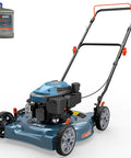 Gas Powered Lawn Mower With 144cc 4 Stroke Engine 20 Inch Deck Side Discharge 5 Position Cutting Height visible in garden setting