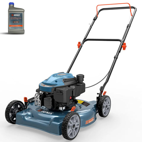 Gas Powered Lawn Mower With 144cc 4 Stroke Engine 20 Inch Deck Side Discharge 5 Position Cutting Height visible in garden setting