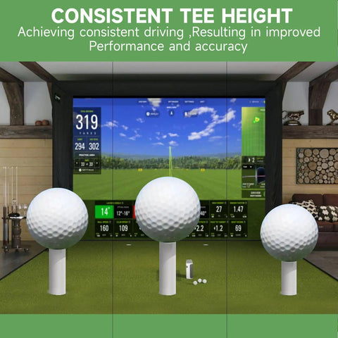 Hardcore Rubber Golf Tees For Mats And Indoor Simulators, 8 Pack Mixed Sizes shown with simulator display, ultra durable design.