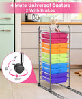 10 Drawer Rolling Storage Cart With Removable Drawers, Universal Casters And Two Brakes, Flexible Organizer For Home And Office, Rainbow Finish