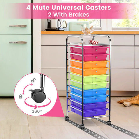 10 Drawer Rolling Storage Cart With Removable Drawers, Universal Casters And Two Brakes, Flexible Organizer For Home And Office, Rainbow Finish