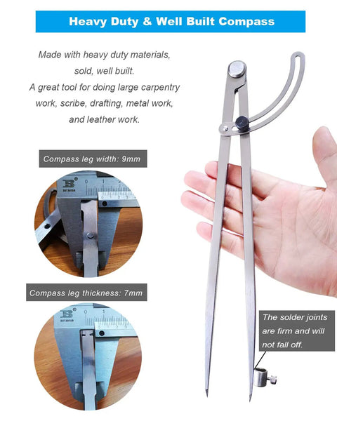 Heavy Duty 12 Inch Woodworking Compass With Pencil Holder For Carpenters Lockable Wing Divider For Leather Craft Circle Scribing Geometry Drafting, shown with measurements.