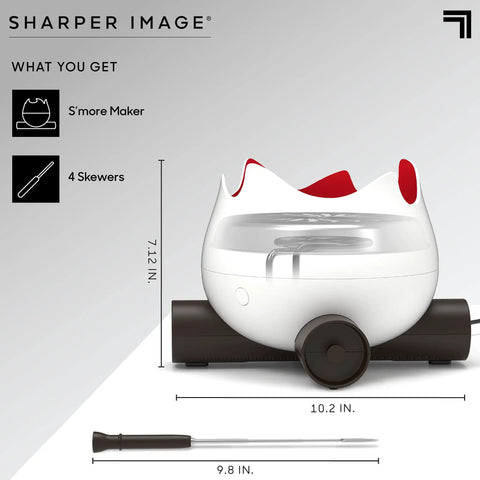 Flameless Electric Marshmallow S'mores Maker With Four Forks, Indoor Safe Roaster For Kids, dimensions shown, easy cleaning.